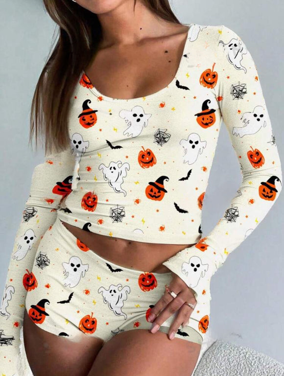 Halloween Pumpkin & Ghost Allover Print Long Sleeve T-Shirt And Shorts Pajama Set