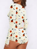 Halloween Pumpkin & Ghost Allover Print Long Sleeve T-Shirt And Shorts Pajama Set