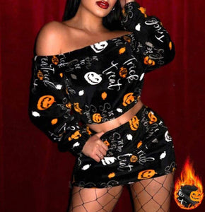 2pcs Halloween Pumpkin Graphic Plush Skirt Set