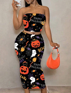 Halloween Theme Orange Pumpkin Printed Cropped Camisole And Bodycon Mini Skirt Set