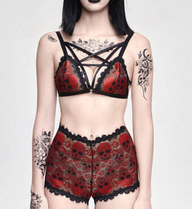 Gothic Halloween Skeleton Lace Criss-Cross Straps Wireless Bra And Sexy Panties Lingerie Set