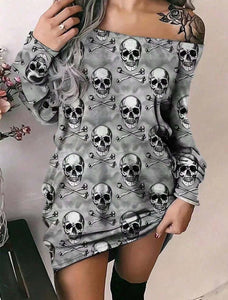 Fashion Skull Print Off Shoulder Bodycon Dress