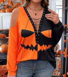 Plus Size Halloween Colorblock Cold Shoulder Drawstring Neck Graphic T-Shirt