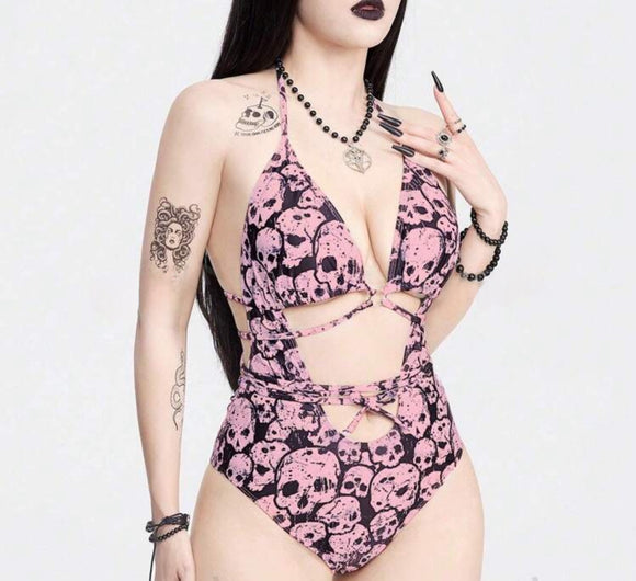 Goth Skull Print Cut Out Halter One Piece Swimsuit