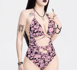 Goth Skull Print Cut Out Halter One Piece Swimsuit