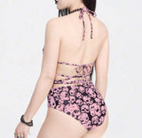 Goth Skull Print Cut Out Halter One Piece Swimsuit