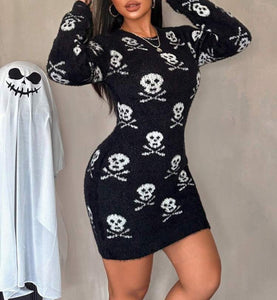 New Skull Print Bodycon Fuzzy Ripped Crew Neck Long Sleeve Sweater Dress