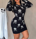 New Skull Print Bodycon Fuzzy Ripped Crew Neck Long Sleeve Sweater Dress