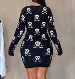 New Skull Print Bodycon Fuzzy Ripped Crew Neck Long Sleeve Sweater Dress