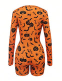 Halloween Themed Graphic Print Bodysuit Jumpsuit