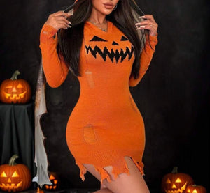 Halloween Pumpkin Teeth Hollow Out Tassel Hooded Bodycon Sweater Dress