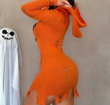 Halloween Pumpkin Teeth Hollow Out Tassel Hooded Bodycon Sweater Dress