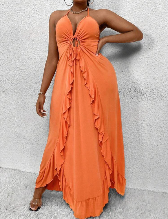 Plus Size Solid Color Ruffle Halterneck Dress