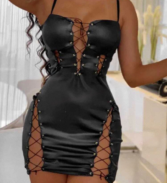 Hollow Strap Tight Mini Dress Black PU Women's Dress