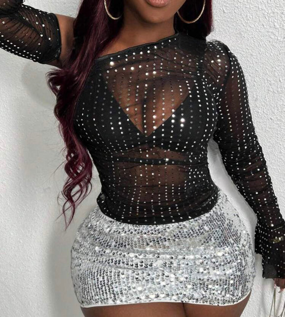 Mesh Oblique Shoulder Long Sleeve See-Through Mesh Sequins