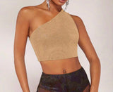 Hollow Out Back Solid Color One Shoulder Top