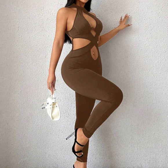 Sexy Backless Halter Neck Cross Cut Out Tight Jumpsuit