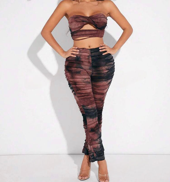 Tie-Dye Hollowed Out Strapless Crop Top And Long Pants Two Piece Set