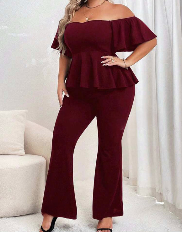 Plus Size Off Shoulder Short Sleeve Top And Pants Two Piece Set