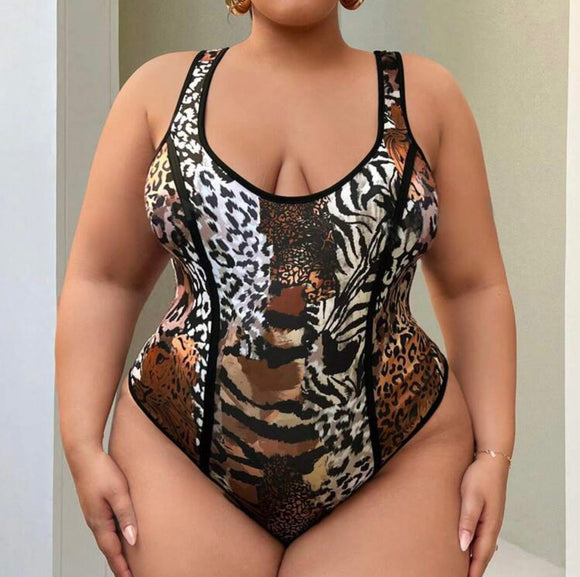 Plus Size Tight-Fitting Animal Print Sleeveless Bodysuit