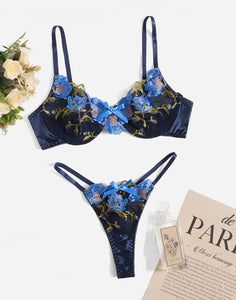 Floral Embroidery Mesh Bow Lingerie Set