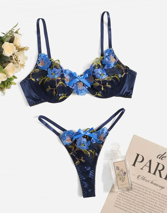 Floral Embroidery Mesh Bow Lingerie Set