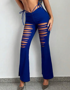 Cut Out Ruched Tie Side Flare Leg Pants