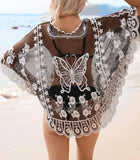 Butterfly Embroidery Mesh Scallop Trim Batwing Sleeve Cover Up