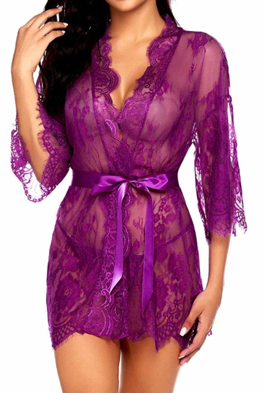 3-piece Lace Babydoll robe and G-string set