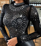 See through rhinestone bodysuit