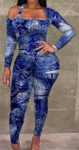 1-piece faux denim print jumpsuit